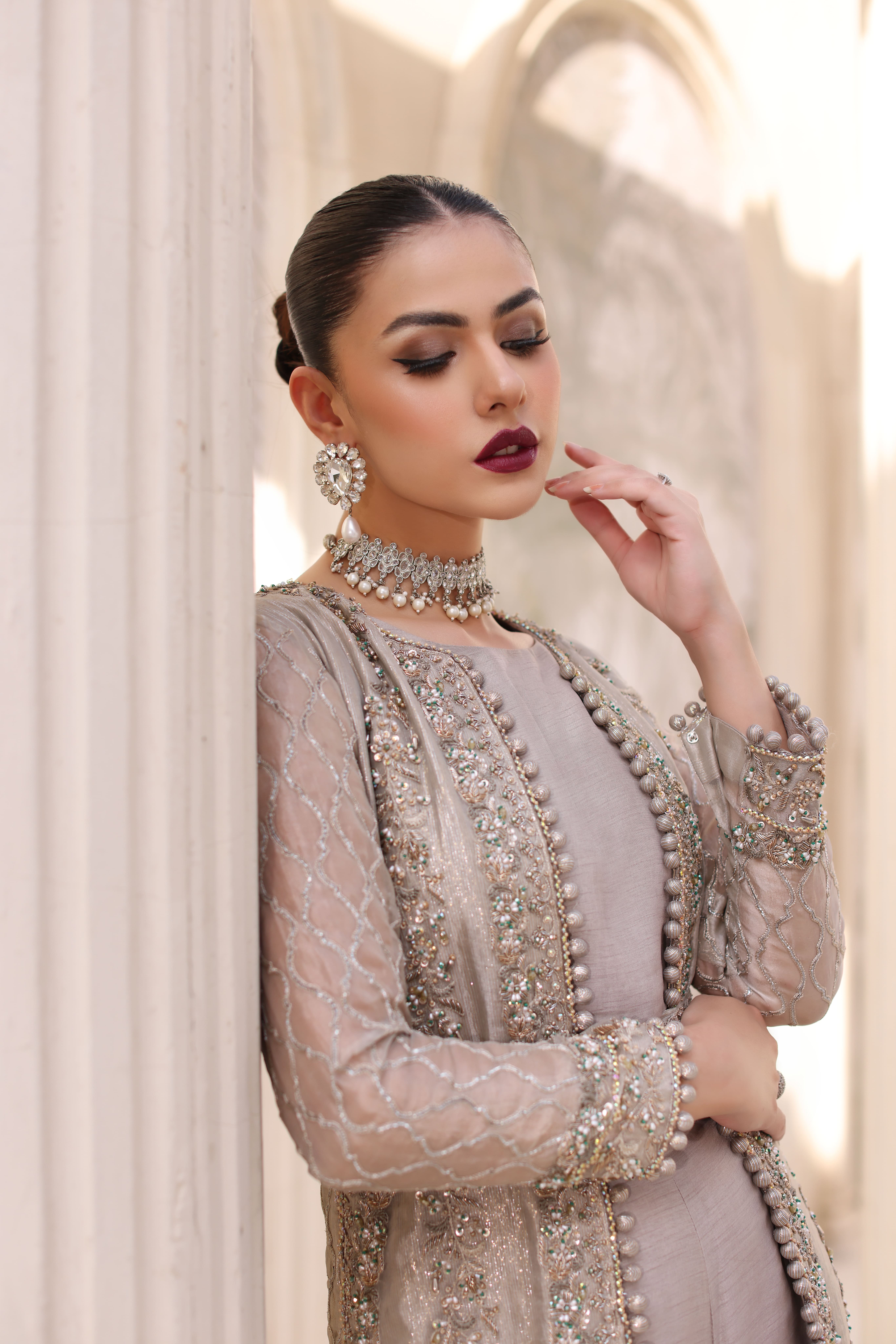 Ash Grey Shimmery Front Open Gown - image 3