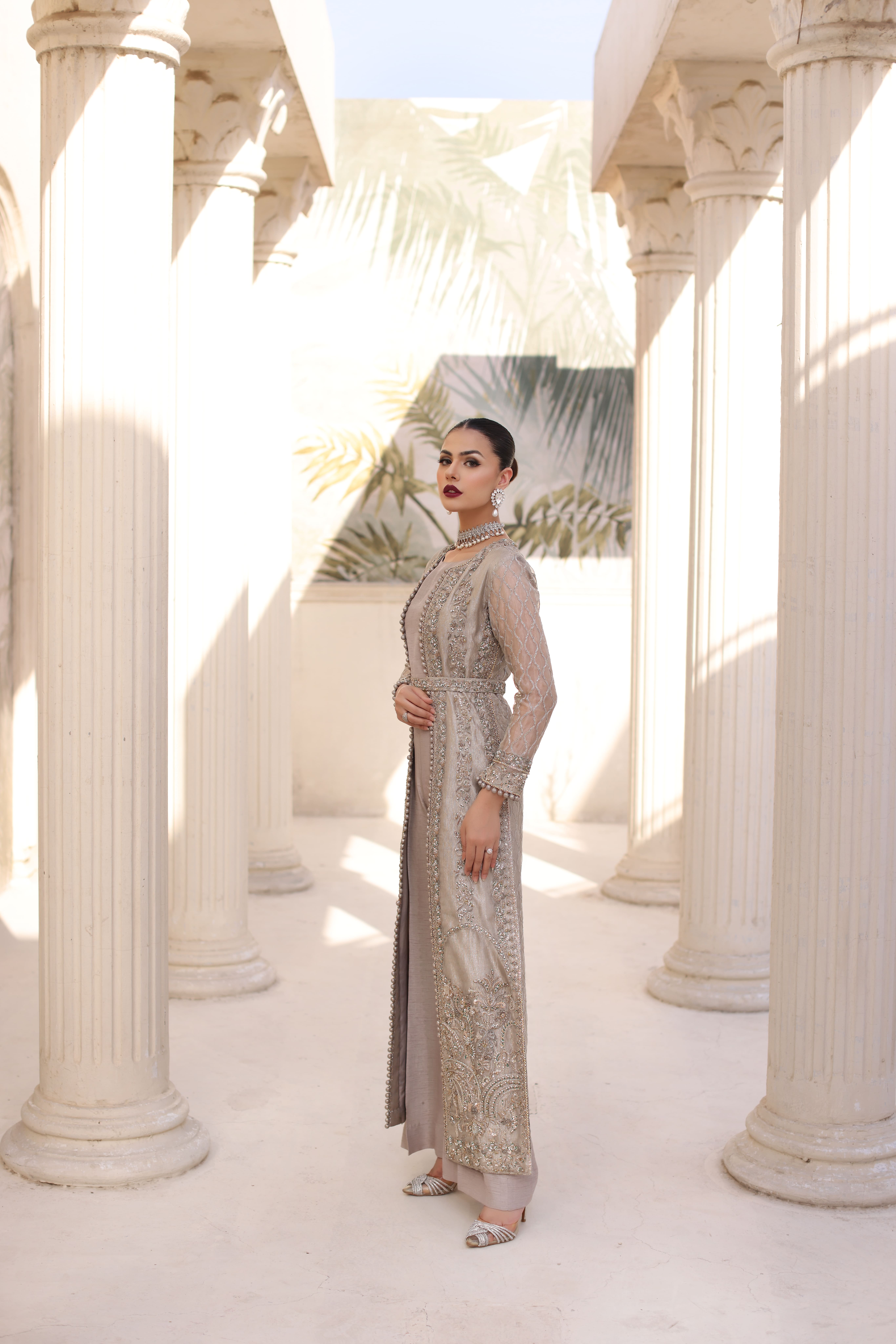 Ash Grey Shimmery Front Open Gown - image 2